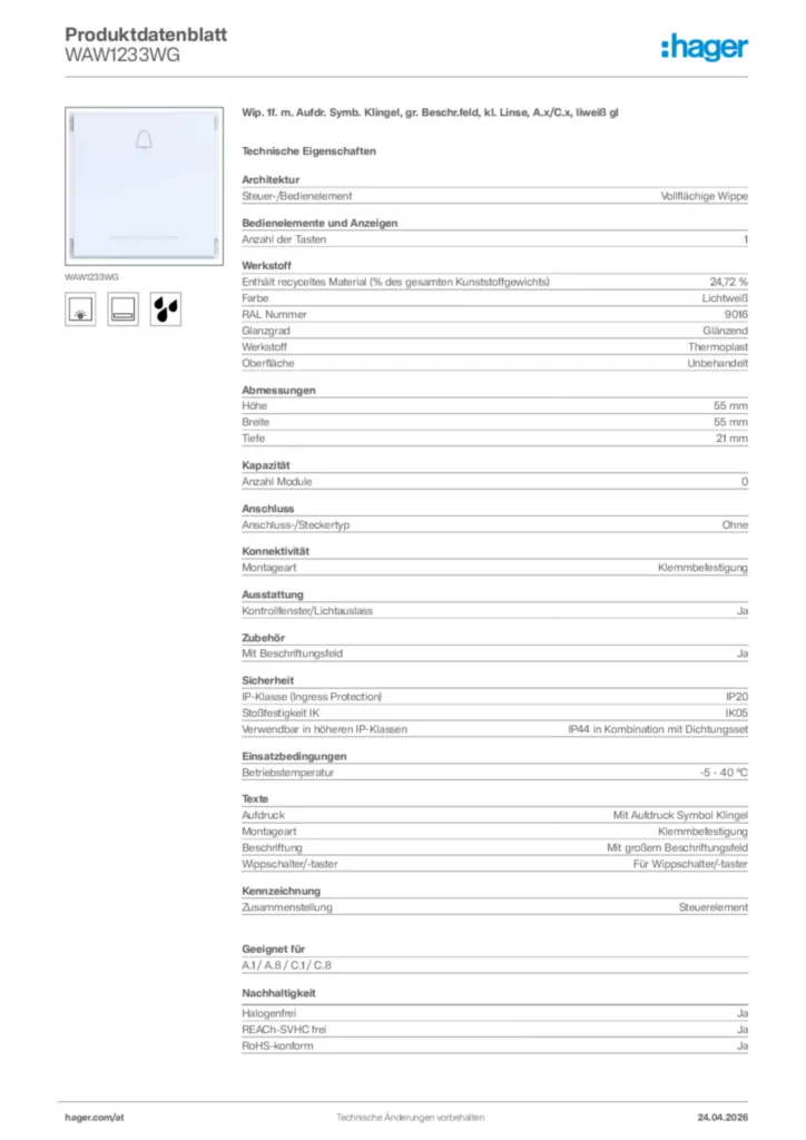 Bild Hager Produktdatenblatt WAW1233WG | Hager Deutschland