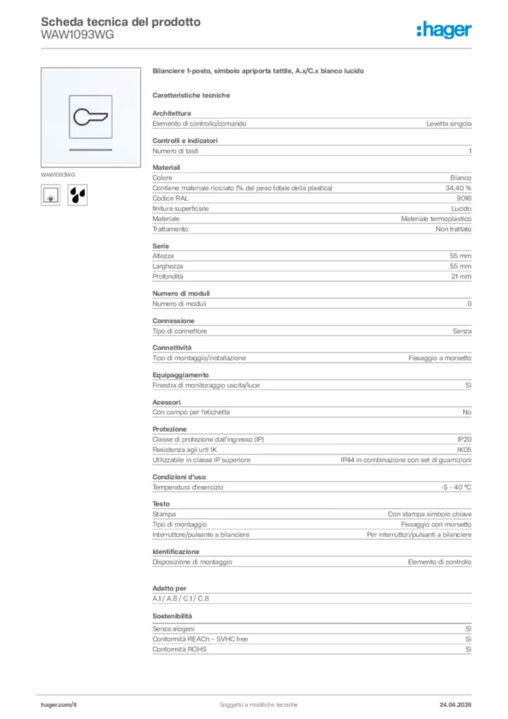 Immagine Hager Scheda tecnica del prodotto WAW1093WG | Hager Italia