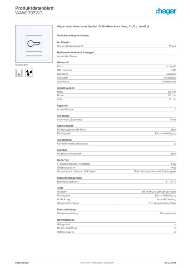 Bild Hager Produktdatenblatt WAW1093WG | Hager Deutschland