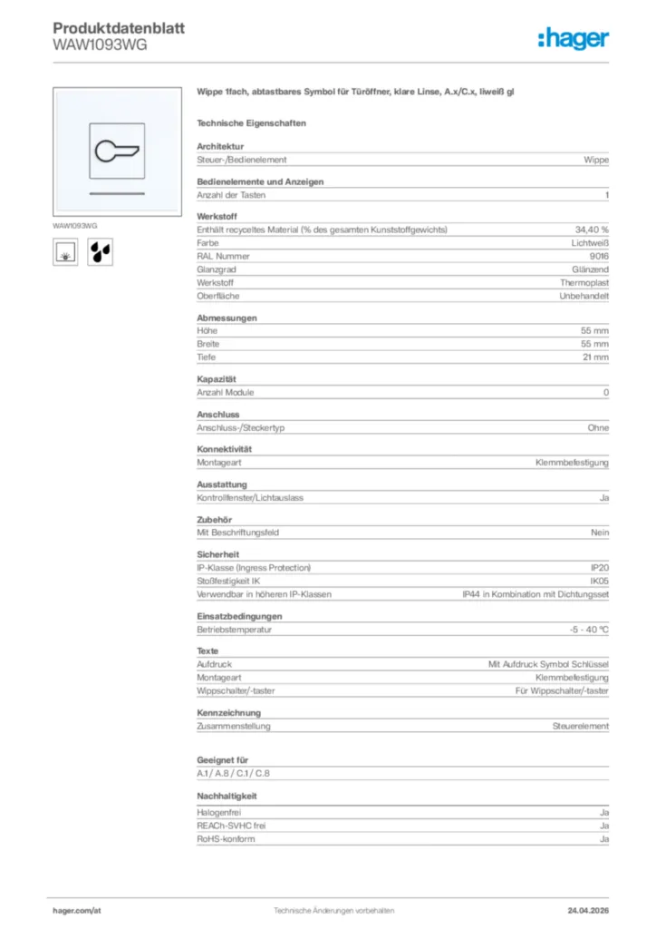 Bild Hager Produktdatenblatt WAW1093WG | Hager Deutschland