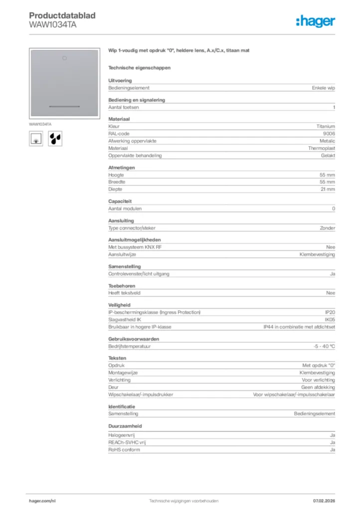 Afbeelding Hager Productdatablad WAW1034TA | Hager Nederland