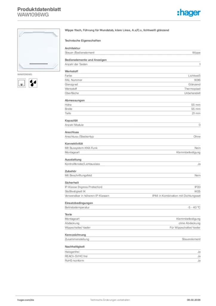 Bild Hager Produktdatenblatt WAW1096WG | Hager Deutschland