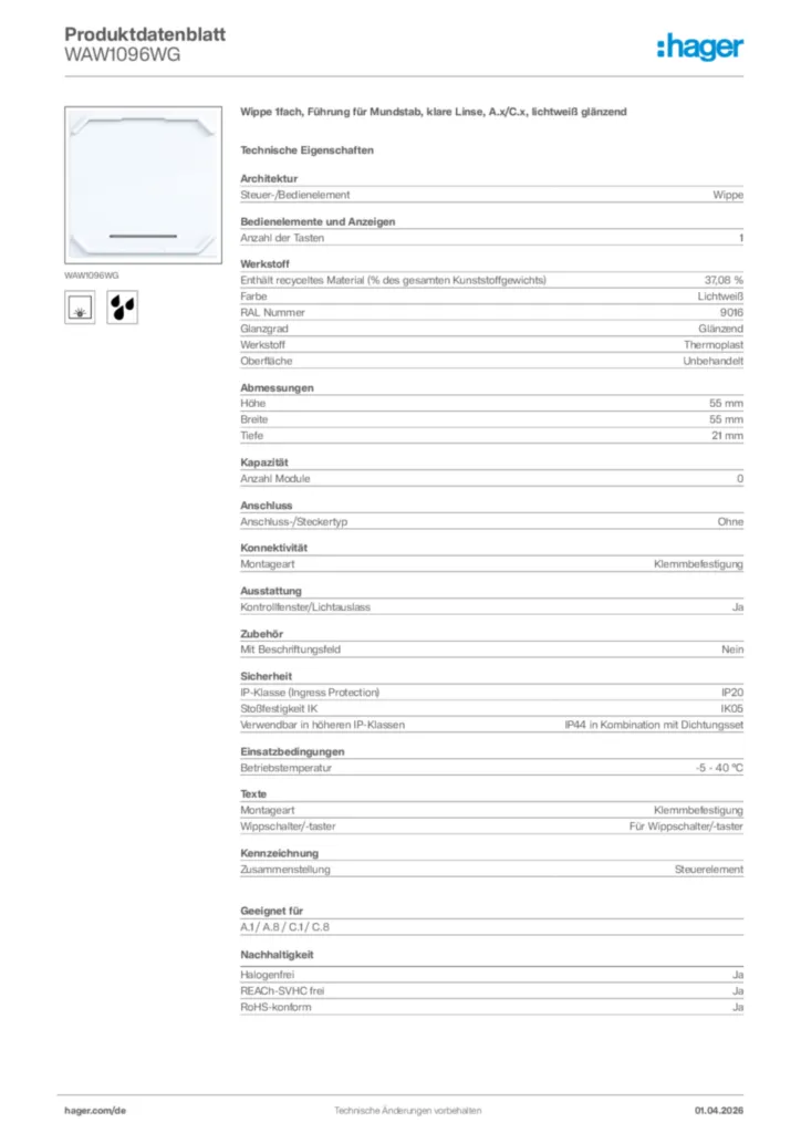 Bild Hager Produktdatenblatt WAW1096WG | Hager Deutschland