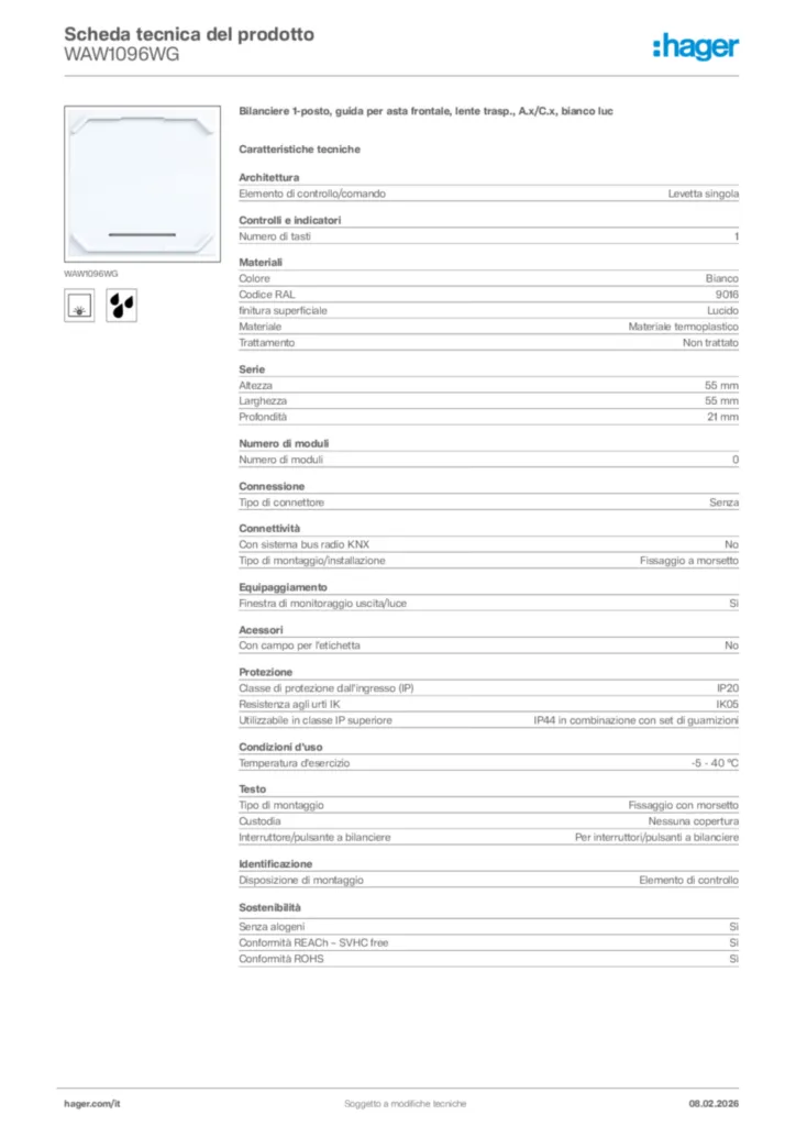 Immagine Hager Scheda tecnica del prodotto WAW1096WG | Hager Italia