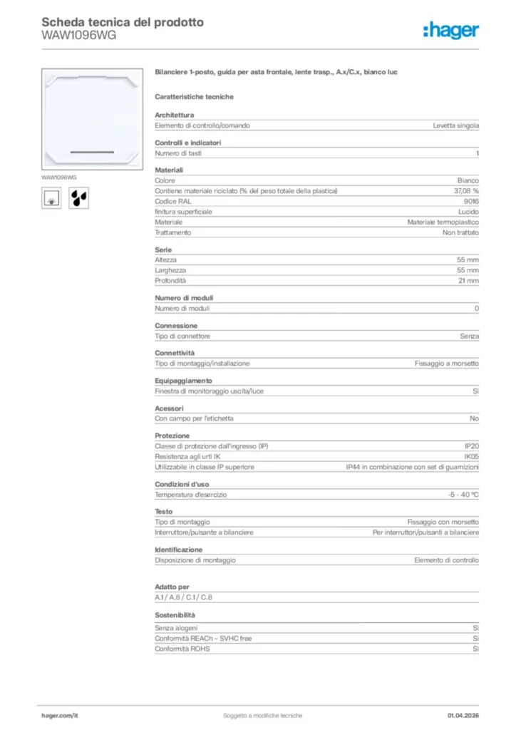 Immagine Hager Scheda tecnica del prodotto WAW1096WG | Hager Italia