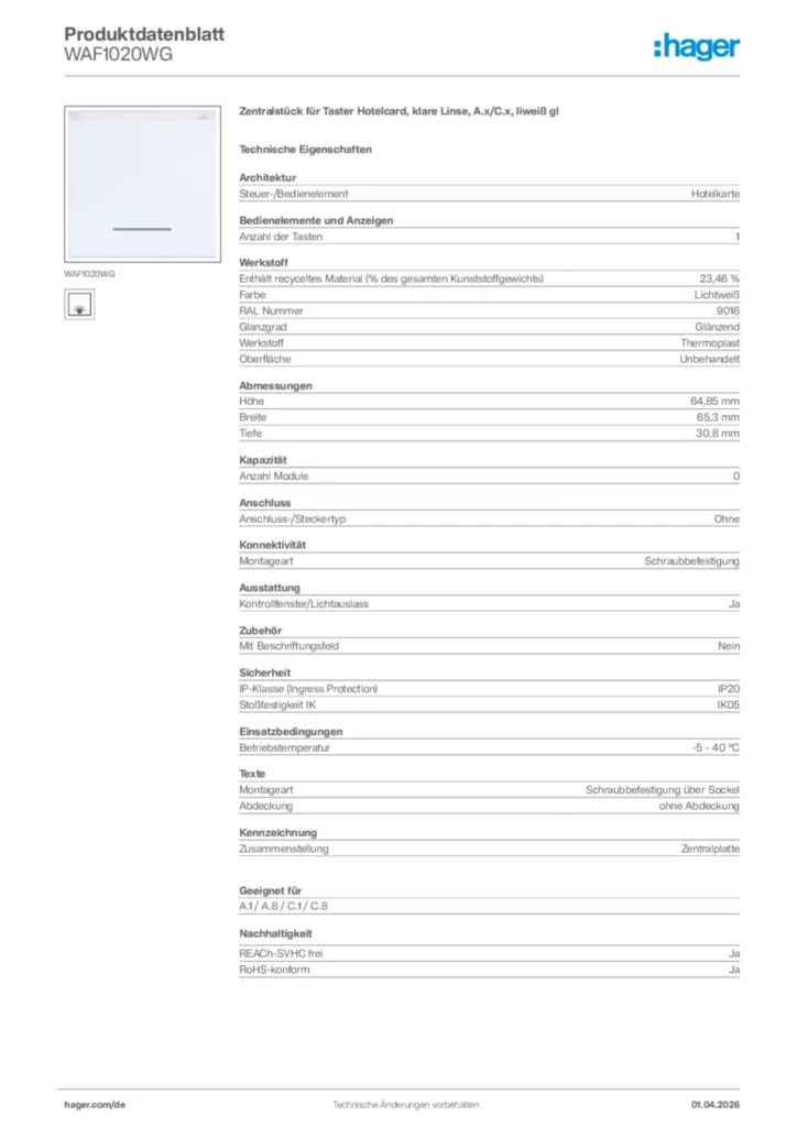 Bild Hager Produktdatenblatt WAF1020WG | Hager Deutschland