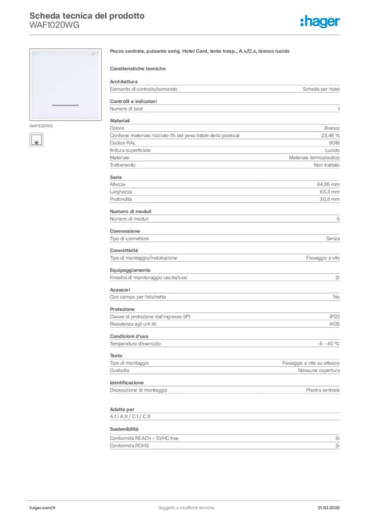 Immagine Hager Scheda tecnica del prodotto WAF1020WG | Hager Italia