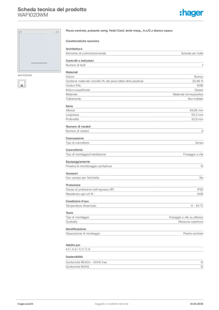 Immagine Hager Scheda tecnica del prodotto WAF1020WM | Hager Italia