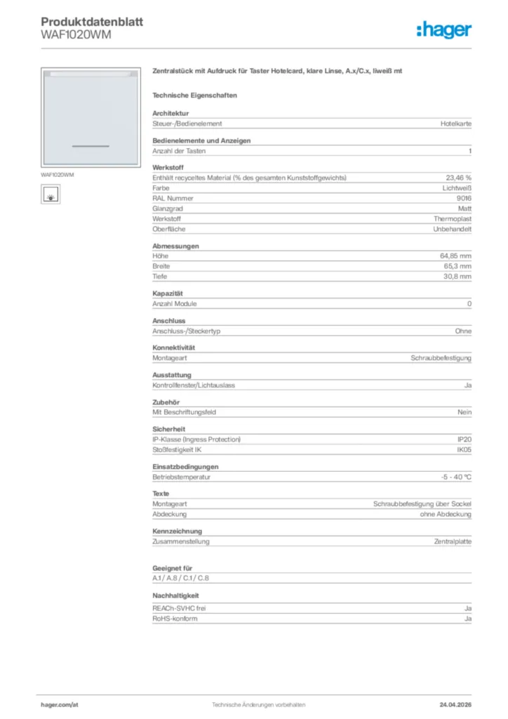 Bild Hager Produktdatenblatt WAF1020WM | Hager Deutschland