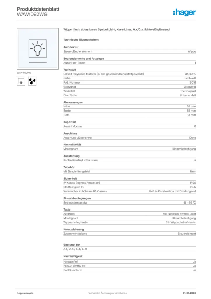 Bild Hager Produktdatenblatt WAW1092WG | Hager Deutschland