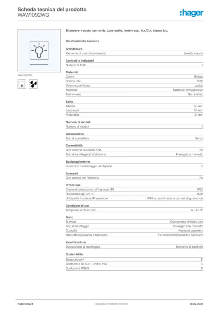 Immagine Hager Scheda tecnica del prodotto WAW1092WG | Hager Italia