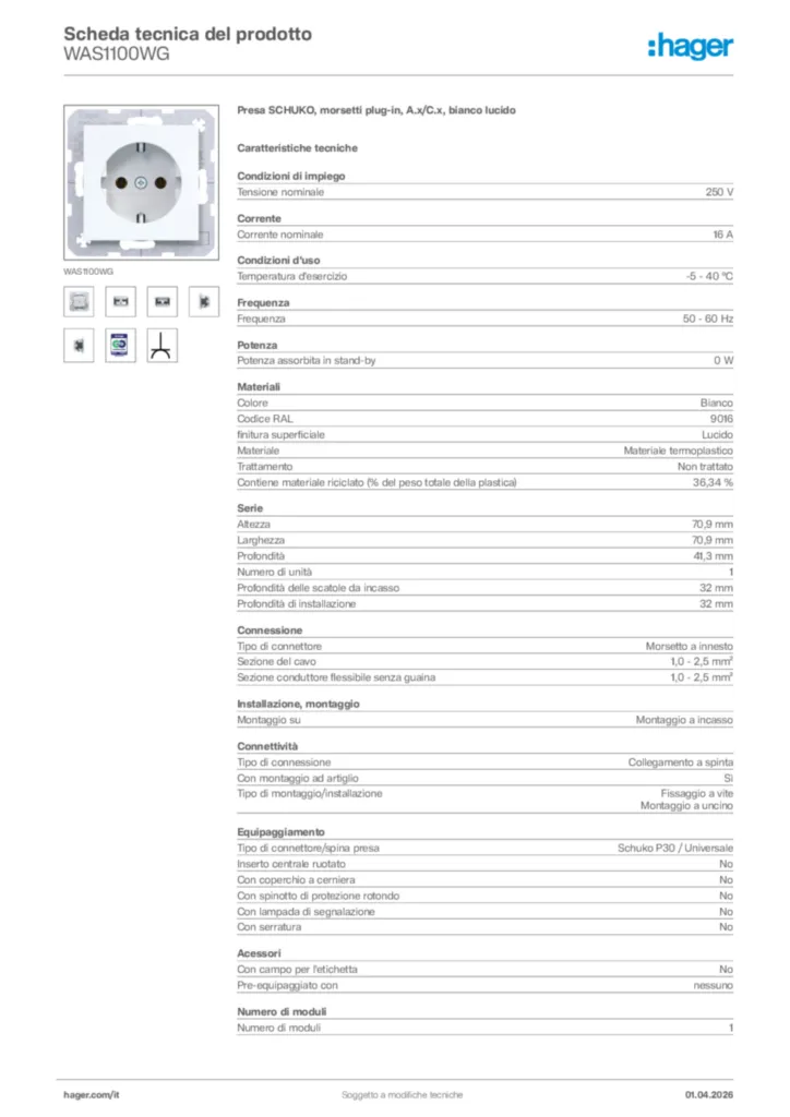 Immagine Hager Scheda tecnica del prodotto WAS1100WG | Hager Italia