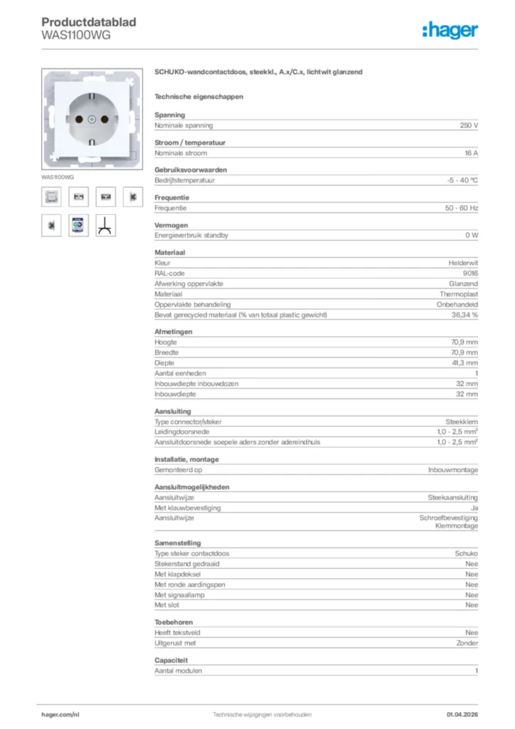 Afbeelding Hager Productdatablad WAS1100WG | Hager Nederland