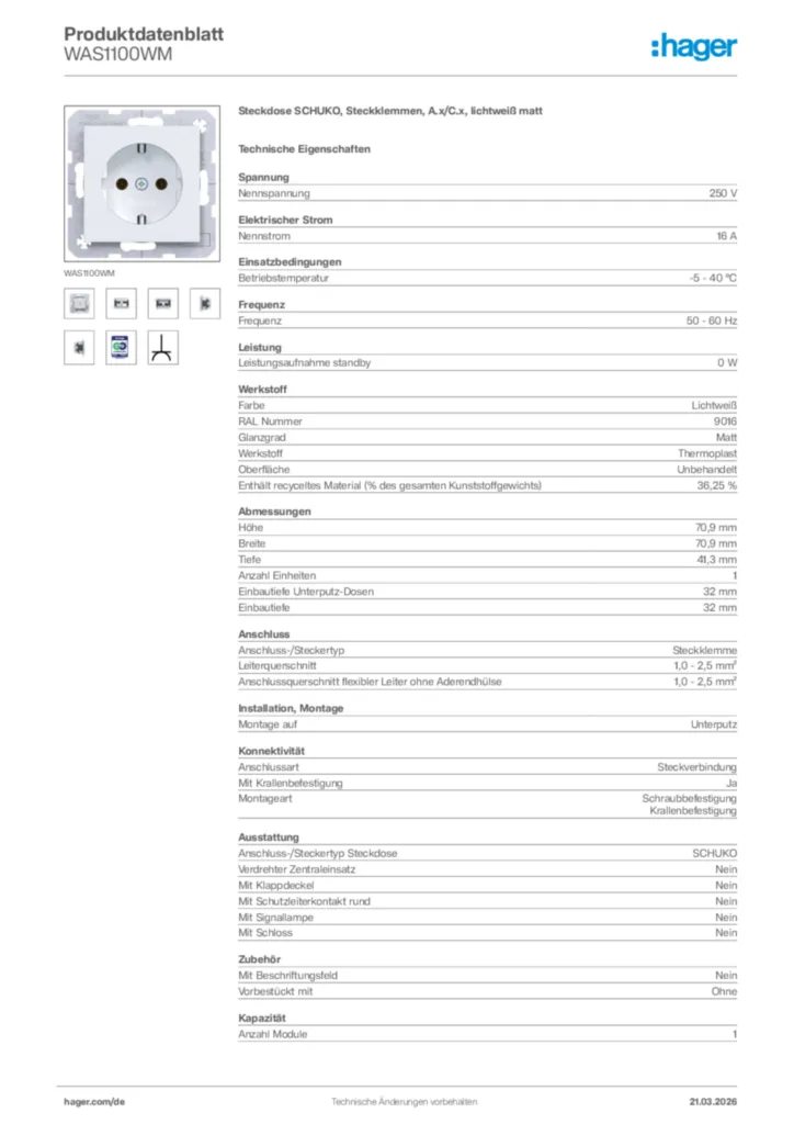 Bild Hager Produktdatenblatt WAS1100WM | Hager Deutschland