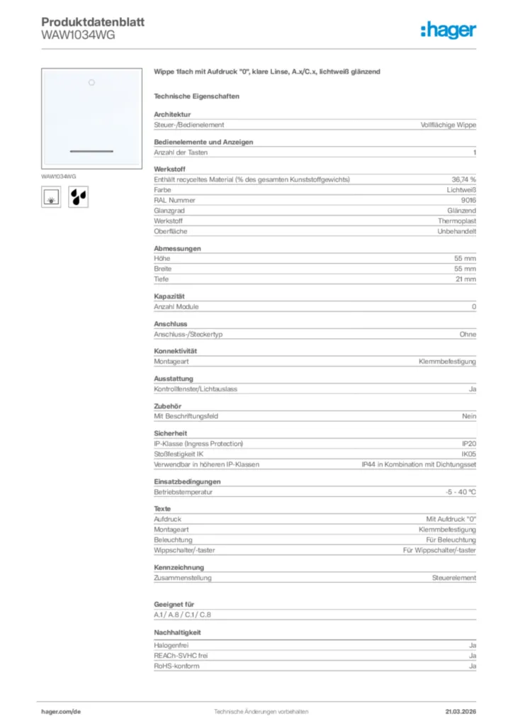 Bild Hager Produktdatenblatt WAW1034WG | Hager Deutschland
