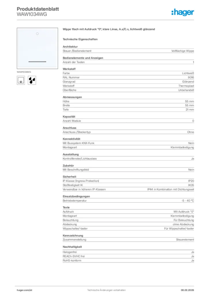 Bild Hager Produktdatenblatt WAW1034WG | Hager Deutschland