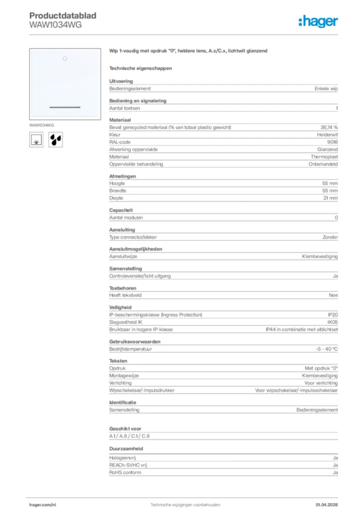 Afbeelding Hager Productdatablad WAW1034WG | Hager Nederland