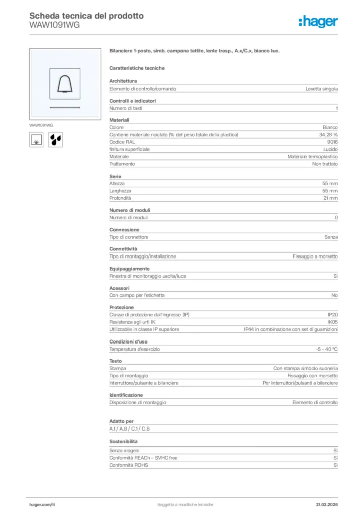 Immagine Hager Scheda tecnica del prodotto WAW1091WG | Hager Italia