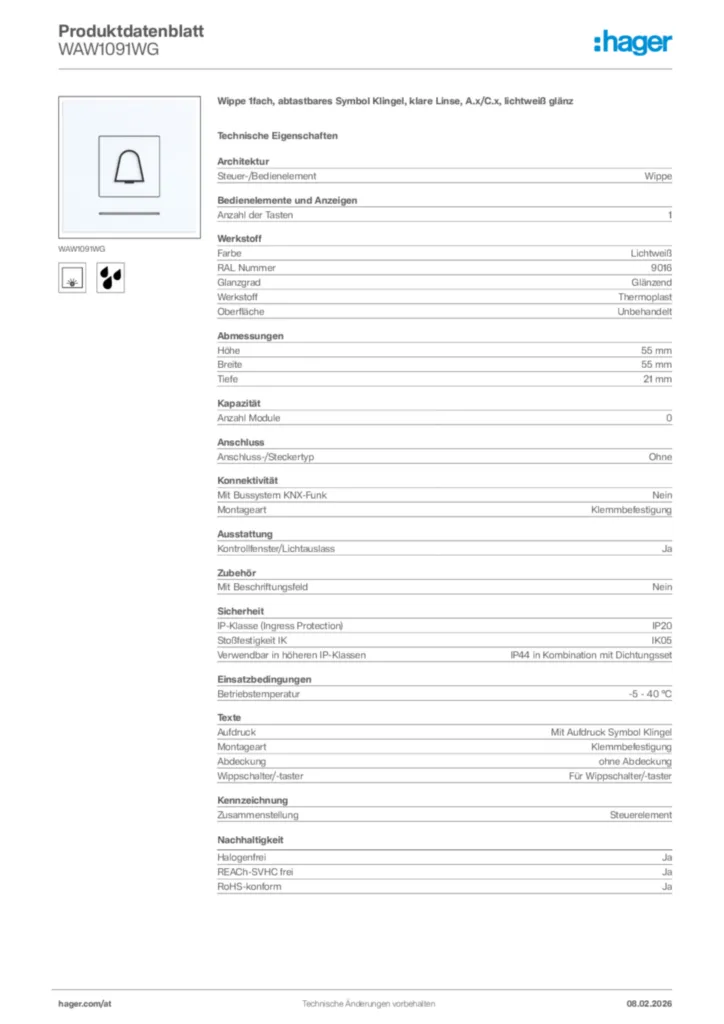 Bild Hager Produktdatenblatt WAW1091WG | Hager Deutschland