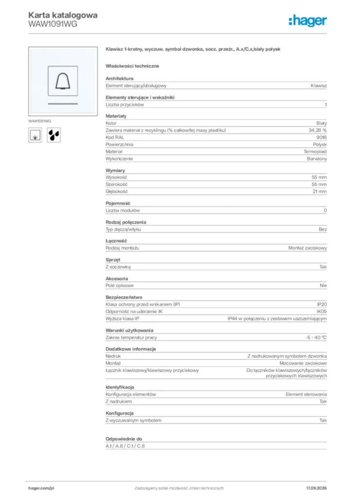 Zdjęcie Hager Karta katalogowa WAW1091WG | Hager Polska