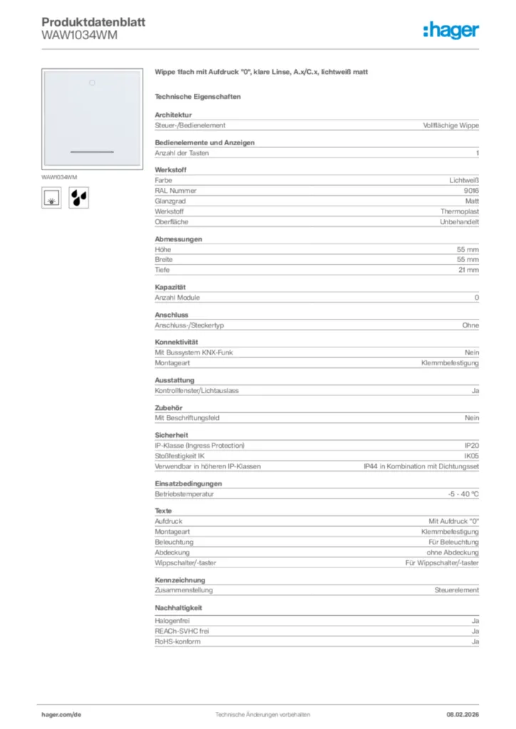 Bild Hager Produktdatenblatt WAW1034WM | Hager Deutschland