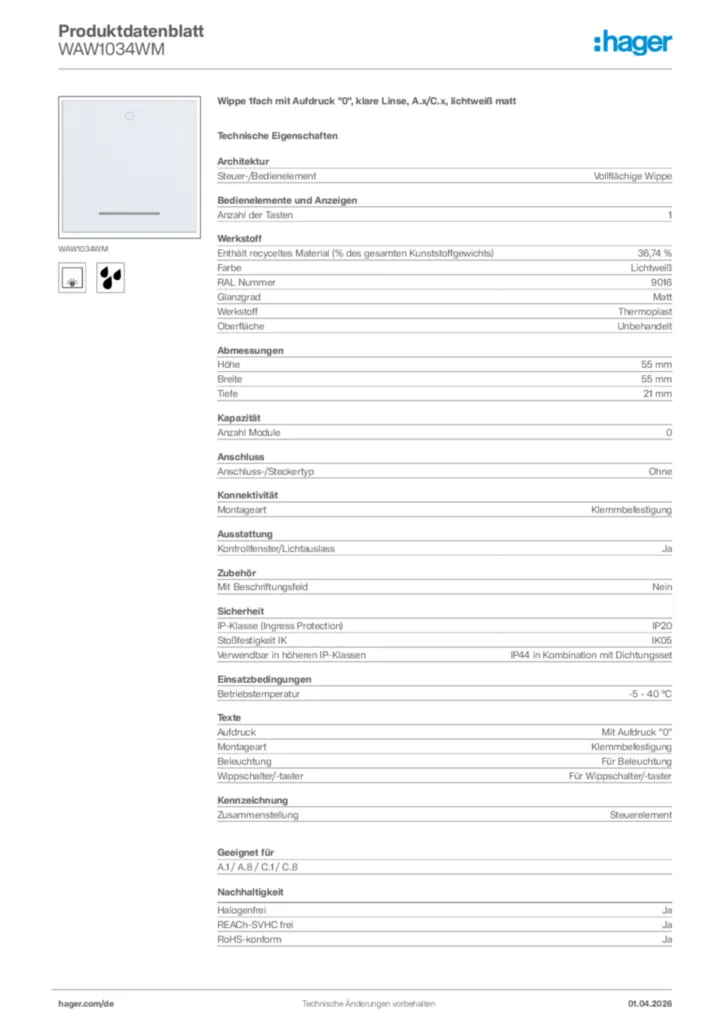 Bild Hager Produktdatenblatt WAW1034WM | Hager Deutschland