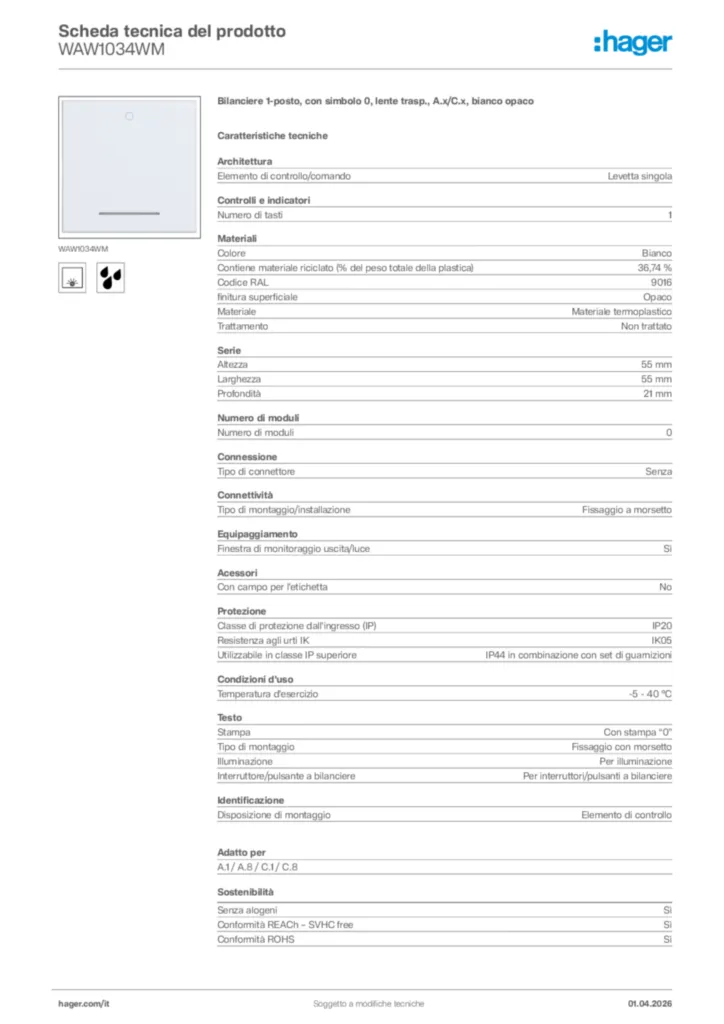 Immagine Hager Scheda tecnica del prodotto WAW1034WM | Hager Italia