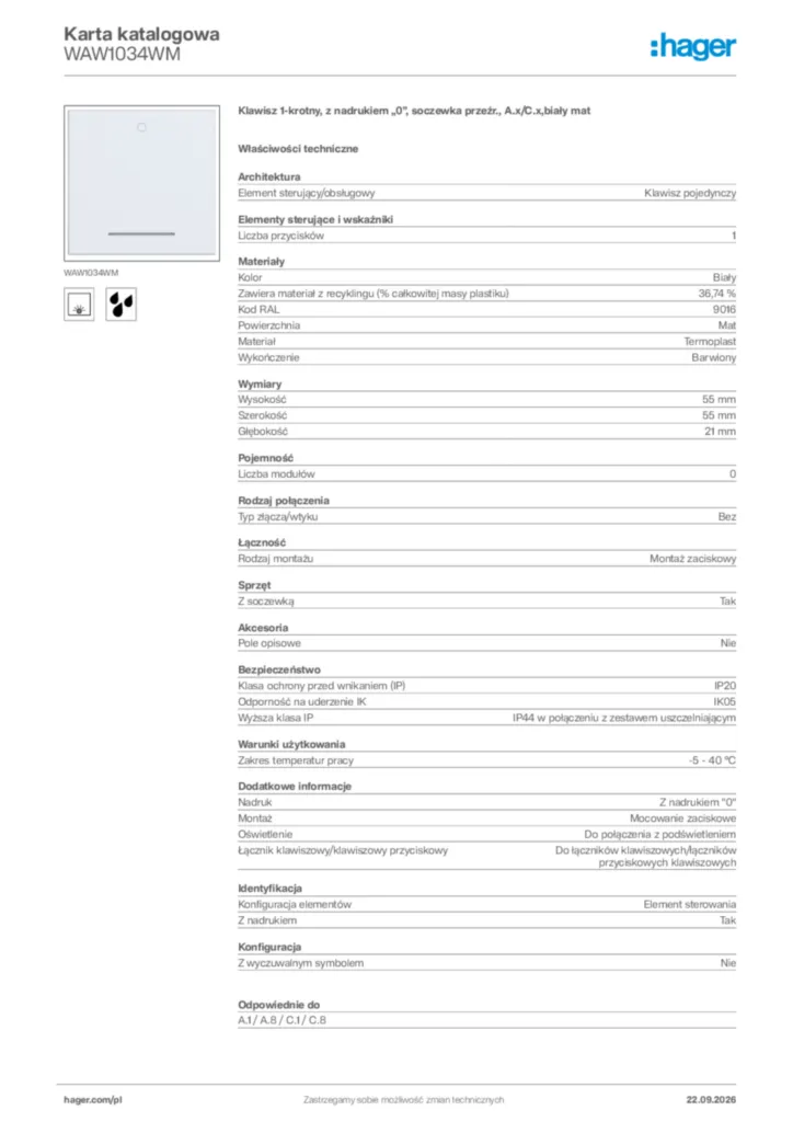 Zdjęcie Hager Karta katalogowa WAW1034WM | Hager Polska