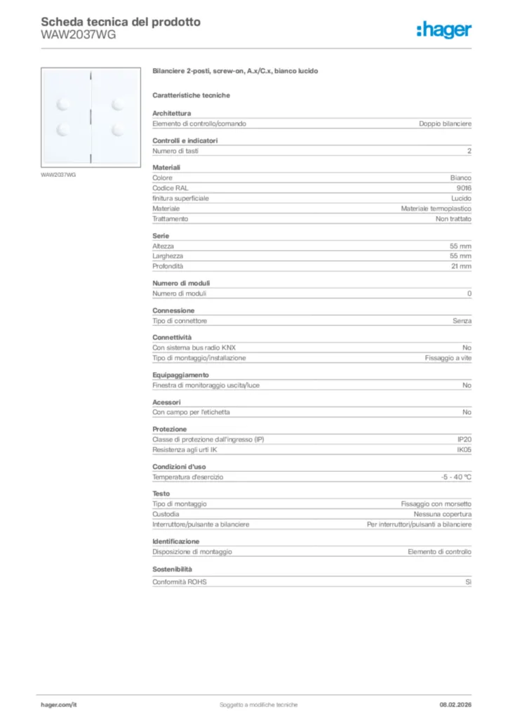 Immagine Hager Scheda tecnica del prodotto WAW2037WG | Hager Italia