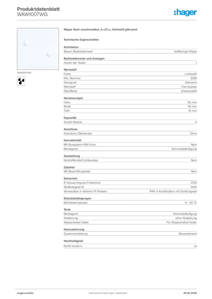 Bild Hager Produktdatenblatt WAW1007WG | Hager Deutschland