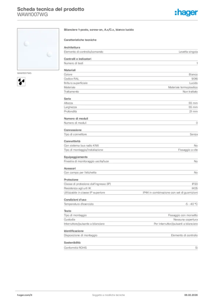 Immagine Hager Scheda tecnica del prodotto WAW1007WG | Hager Italia