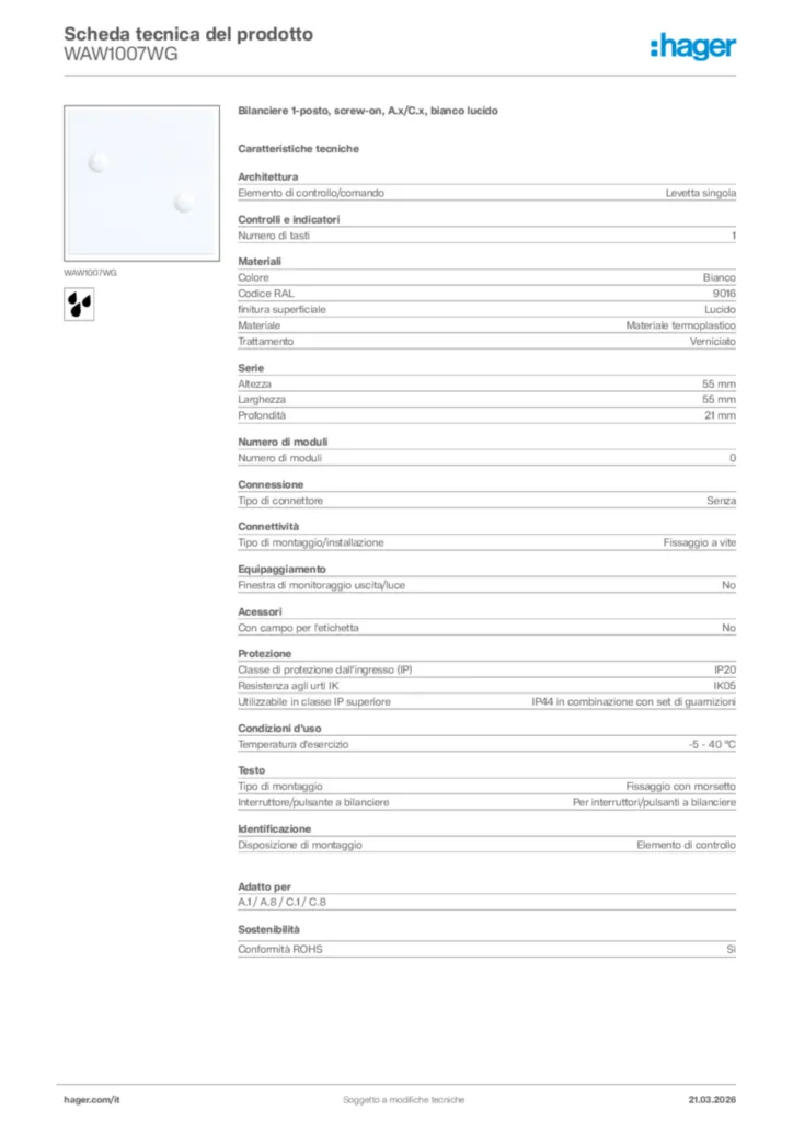 Immagine Hager Scheda tecnica del prodotto WAW1007WG | Hager Italia