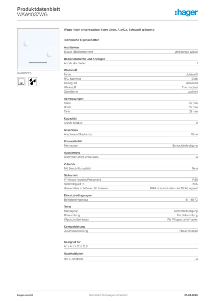 Bild Hager Produktdatenblatt WAW1037WG | Hager Deutschland