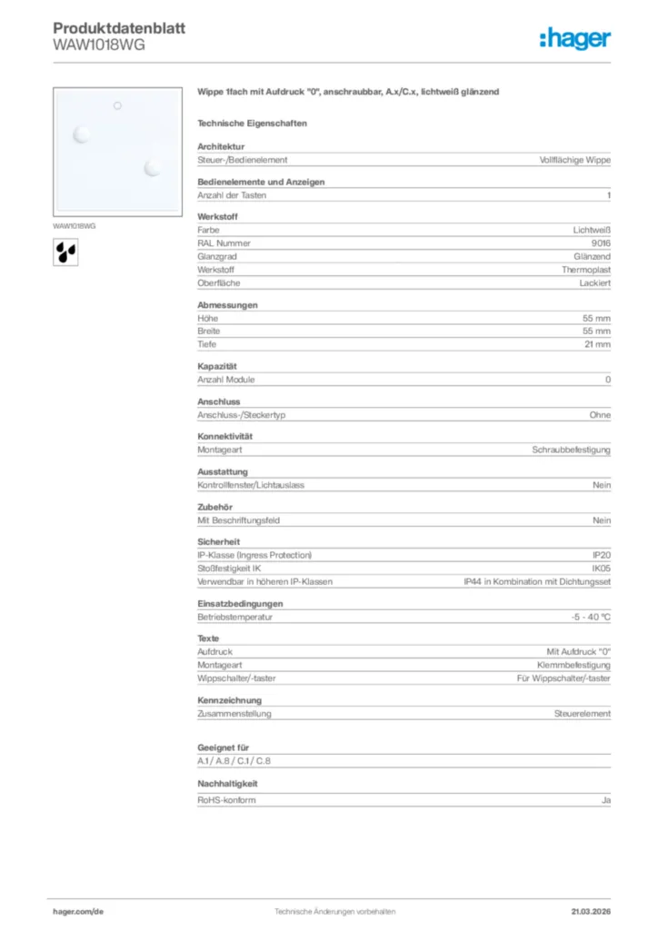 Bild Hager Produktdatenblatt WAW1018WG | Hager Deutschland