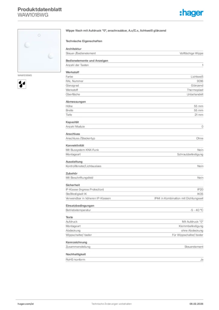 Bild Hager Produktdatenblatt WAW1018WG | Hager Deutschland