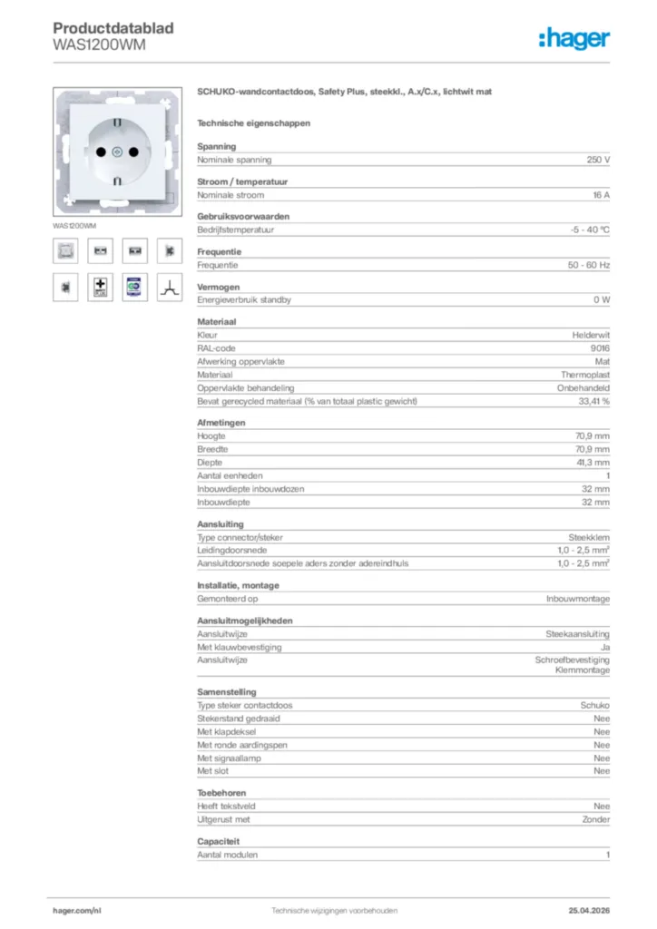 Afbeelding Hager Productdatablad WAS1200WM | Hager Nederland