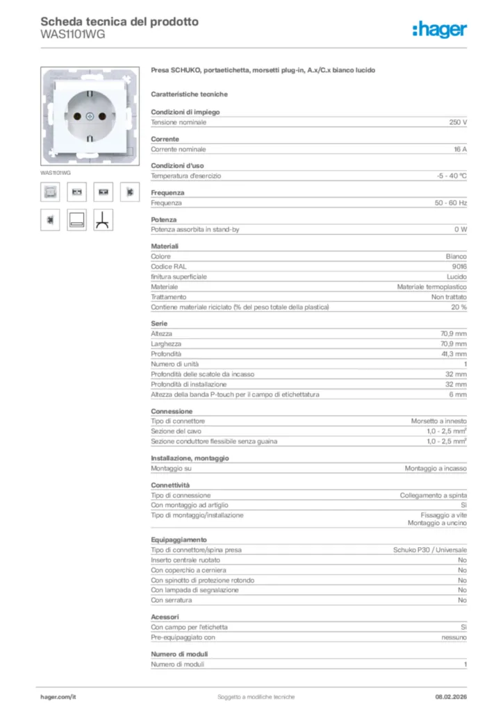 Immagine Hager Scheda tecnica del prodotto WAS1101WG | Hager Italia