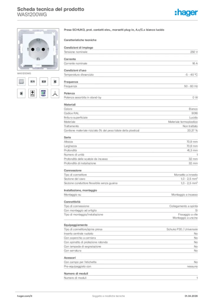 Immagine Hager Scheda tecnica del prodotto WAS1200WG | Hager Italia