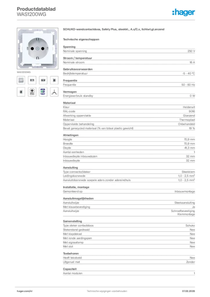 Afbeelding Hager Productdatablad WAS1200WG | Hager Nederland