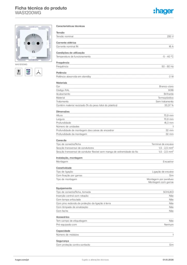 Imagem Hager Ficha técnica do produto WAS1200WG | Hager Portugal