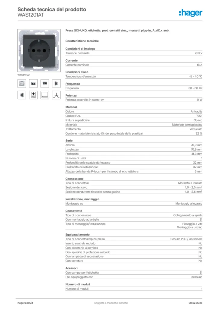 Immagine Hager Scheda tecnica del prodotto WAS1201AT | Hager Italia