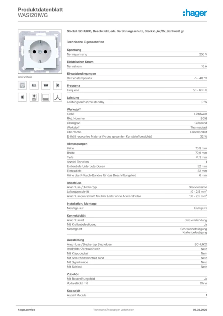 Bild Hager Produktdatenblatt WAS1201WG | Hager Deutschland