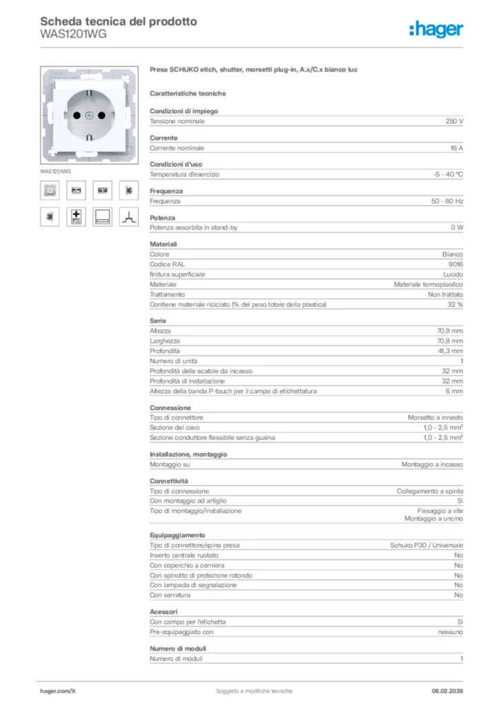 Immagine Hager Scheda tecnica del prodotto WAS1201WG | Hager Italia