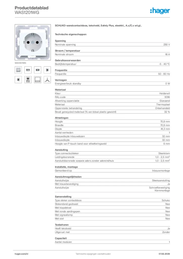 Afbeelding Hager Productdatablad WAS1201WG | Hager Nederland