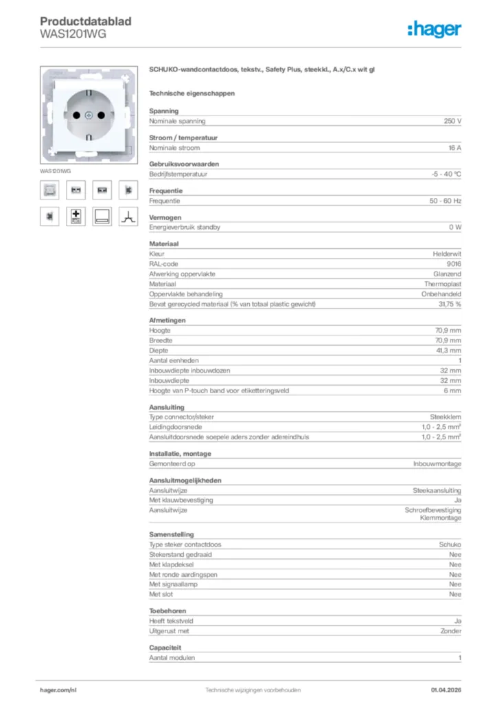 Afbeelding Hager Productdatablad WAS1201WG | Hager Nederland