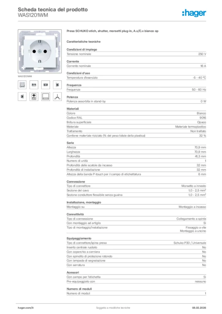 Immagine Hager Scheda tecnica del prodotto WAS1201WM | Hager Italia