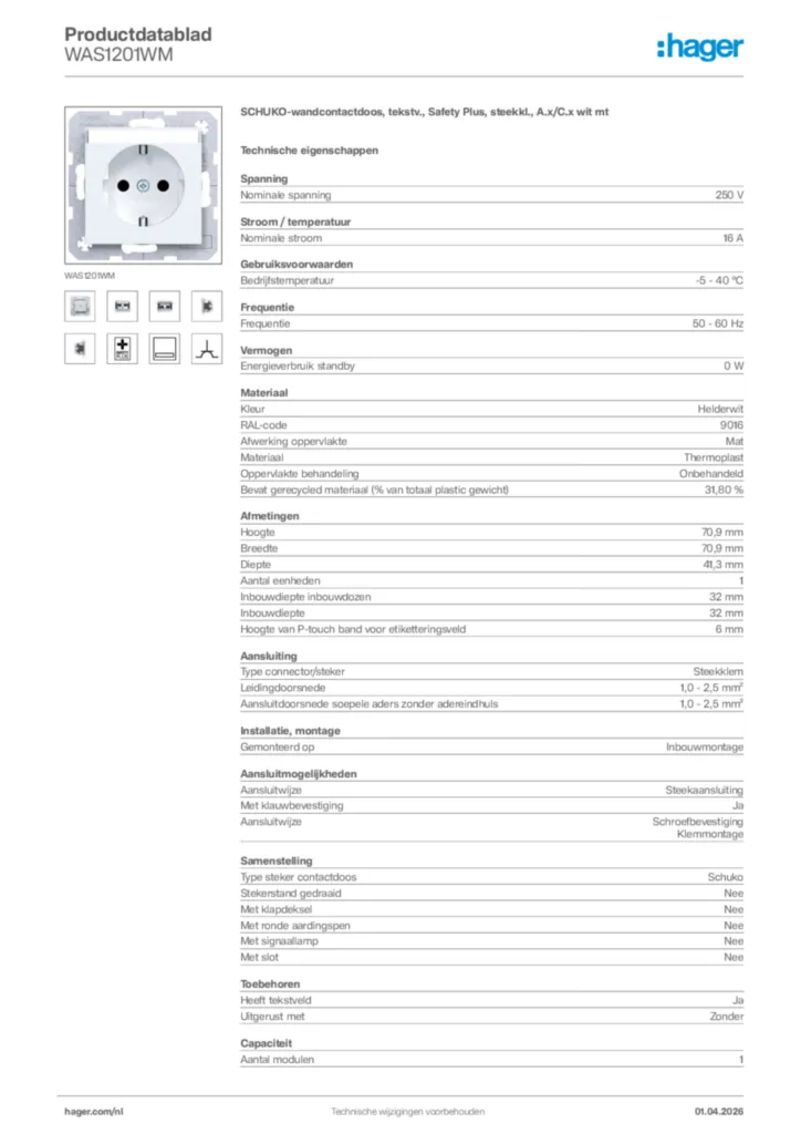 Afbeelding Hager Productdatablad WAS1201WM | Hager Nederland