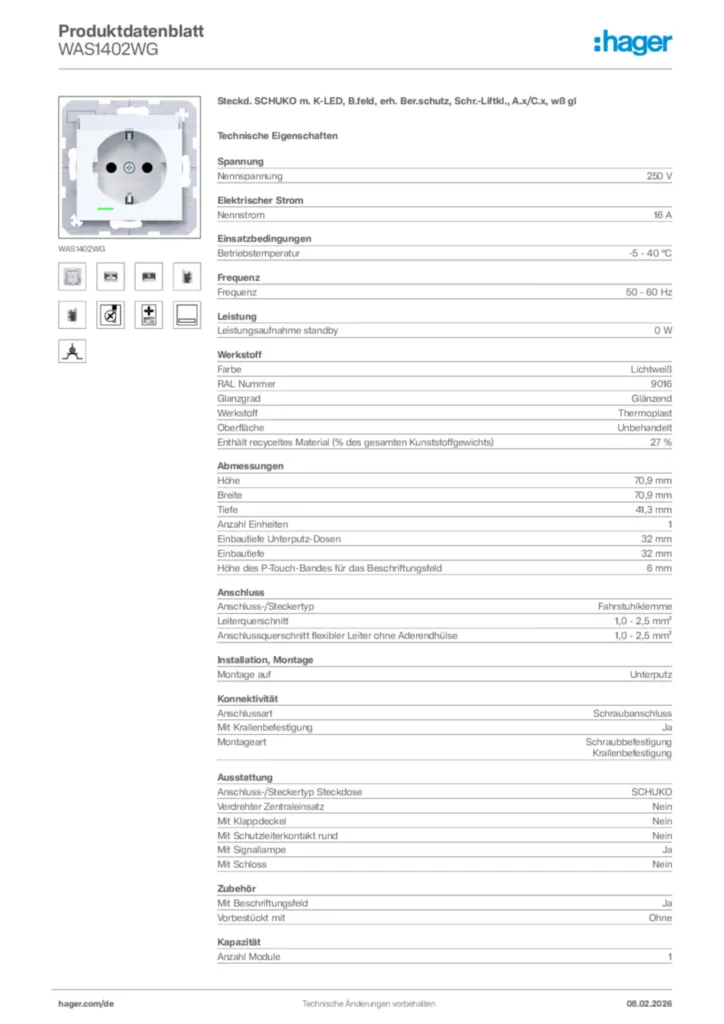 Bild Hager Produktdatenblatt WAS1402WG | Hager Deutschland