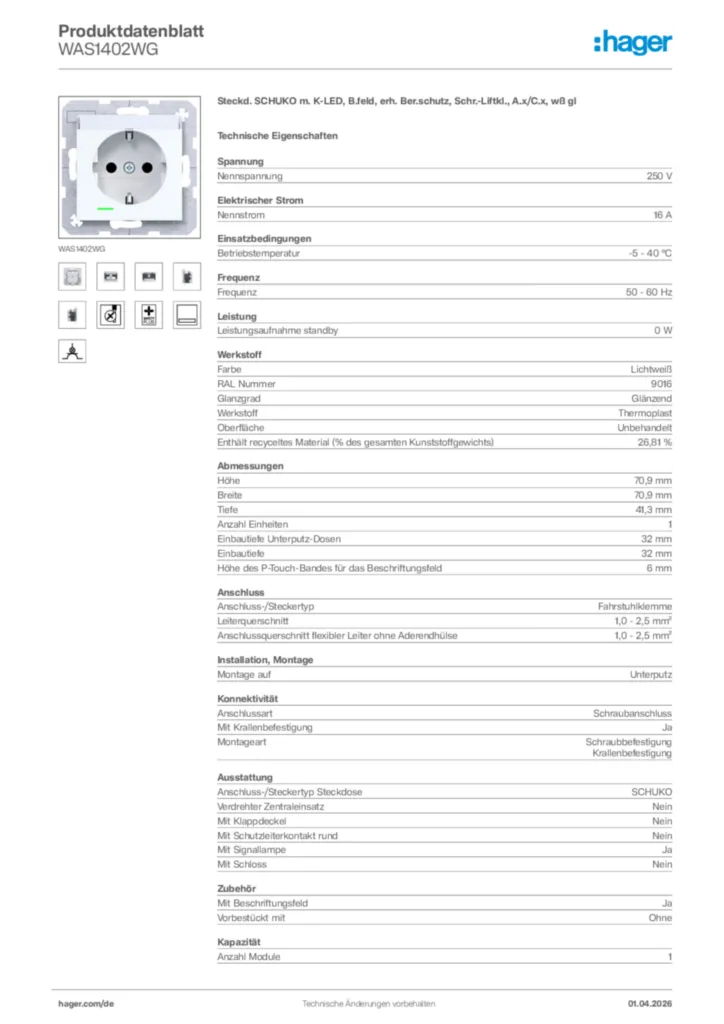 Bild Hager Produktdatenblatt WAS1402WG | Hager Deutschland