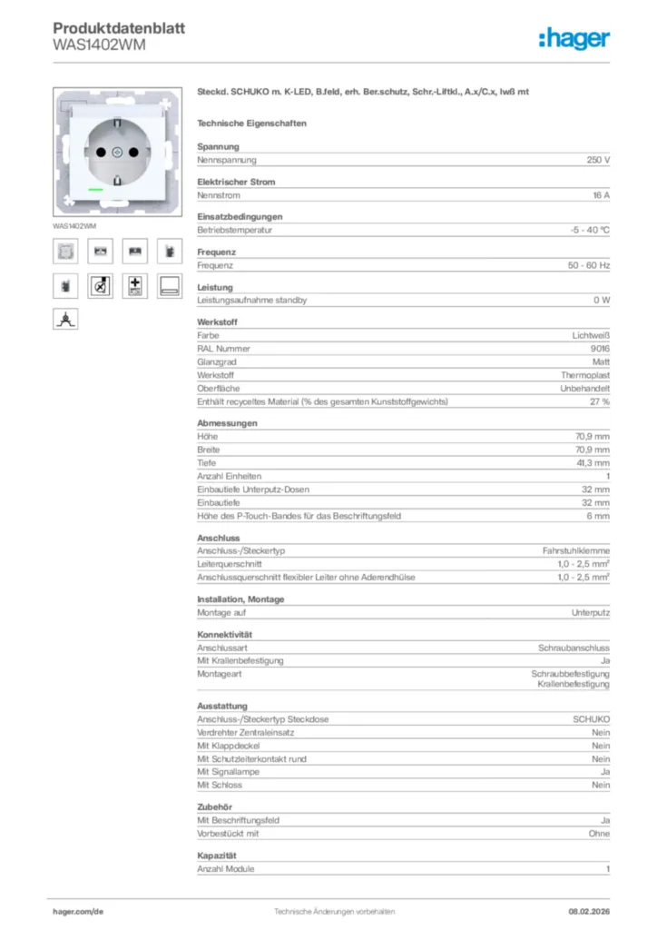 Bild Hager Produktdatenblatt WAS1402WM | Hager Deutschland
